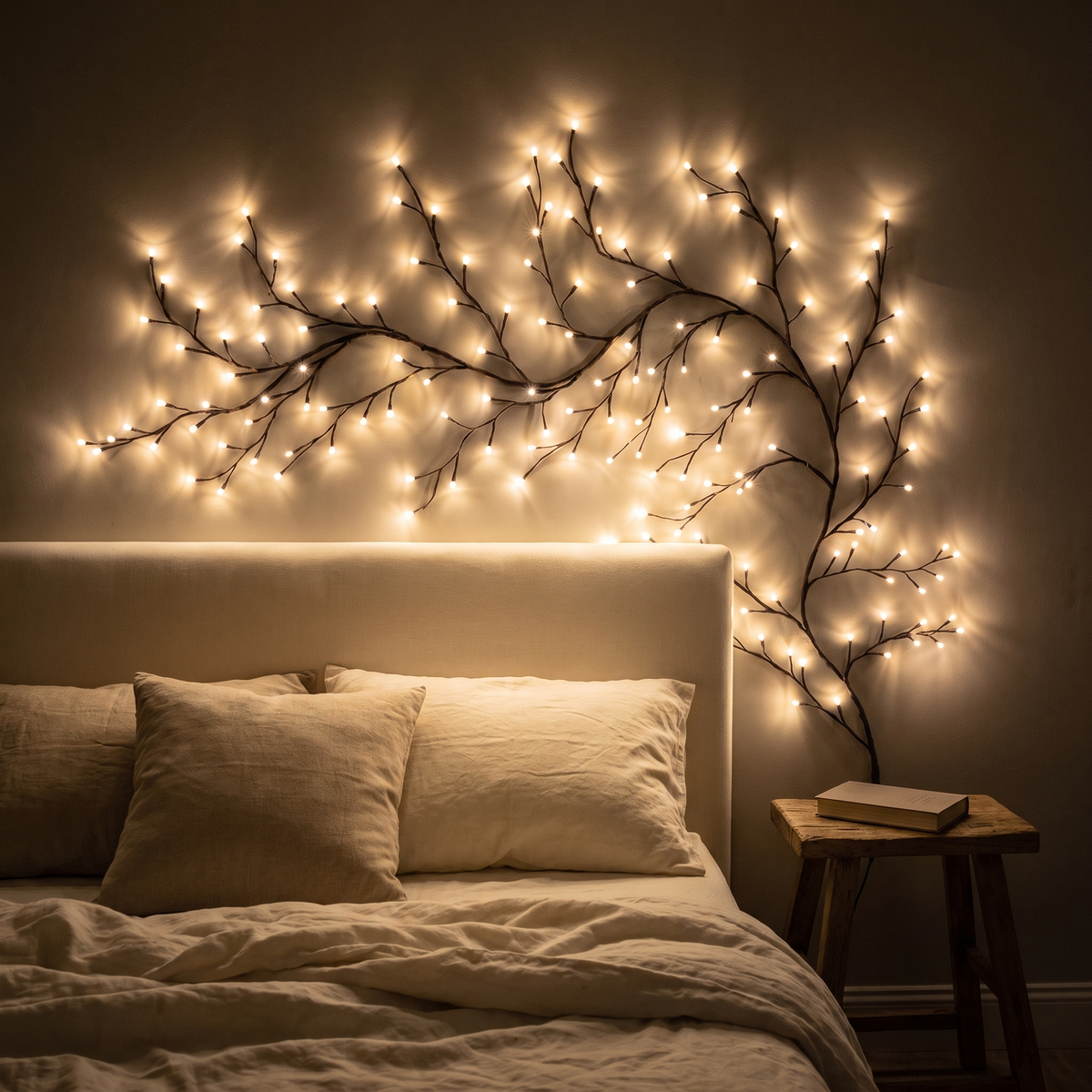 Lunora vine light curving above a bed headboard as the only light in a dark bedroom