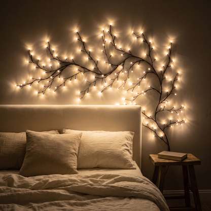 Lunora vine light curving above a bed headboard as the only light in a dark bedroom