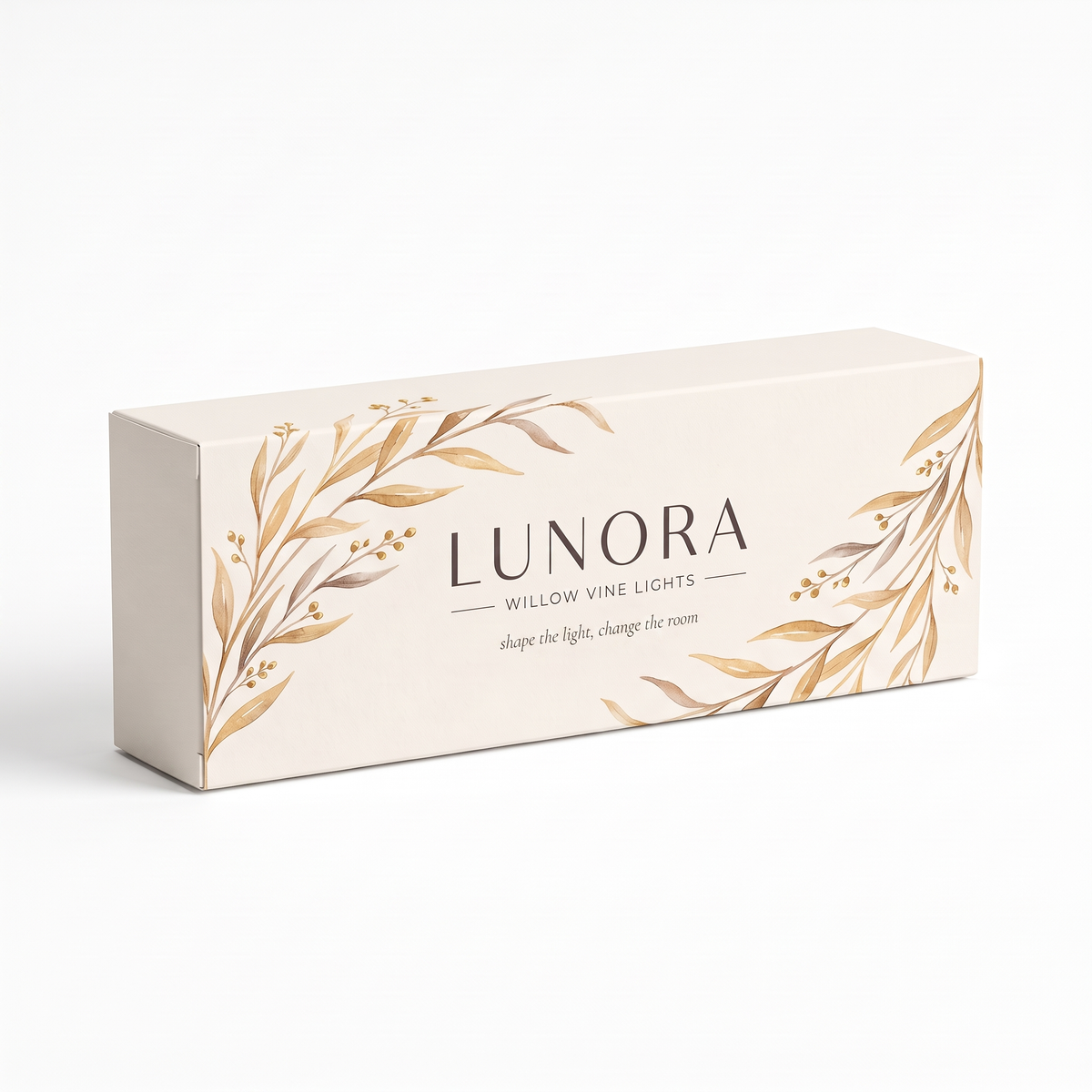 Lunora Willow Vine Lights cream gift box with golden willow branch artwork