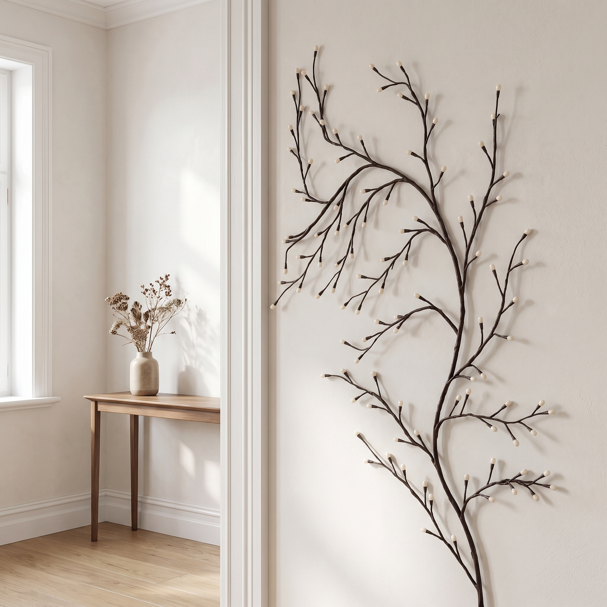 Lunora vine unlit in daylight, reading as a sculptural branch arrangement on a pale wall