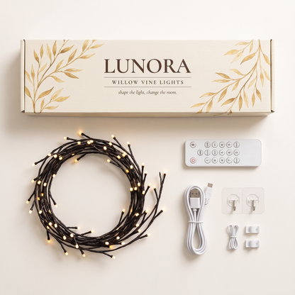 What is in the box: Lunora vine, remote, USB cable, mounting hooks and clips, and the cream gift box